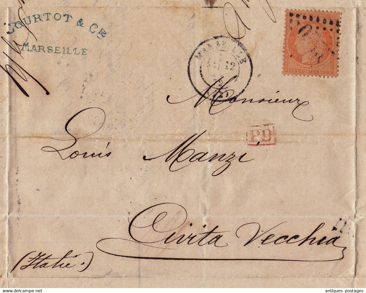 Lettre 1872 Marseille Courtot & Cie Bouches du Rhône Civitavecchia Italie Louis Manzi Sucre Sugar Zucker Zucchero