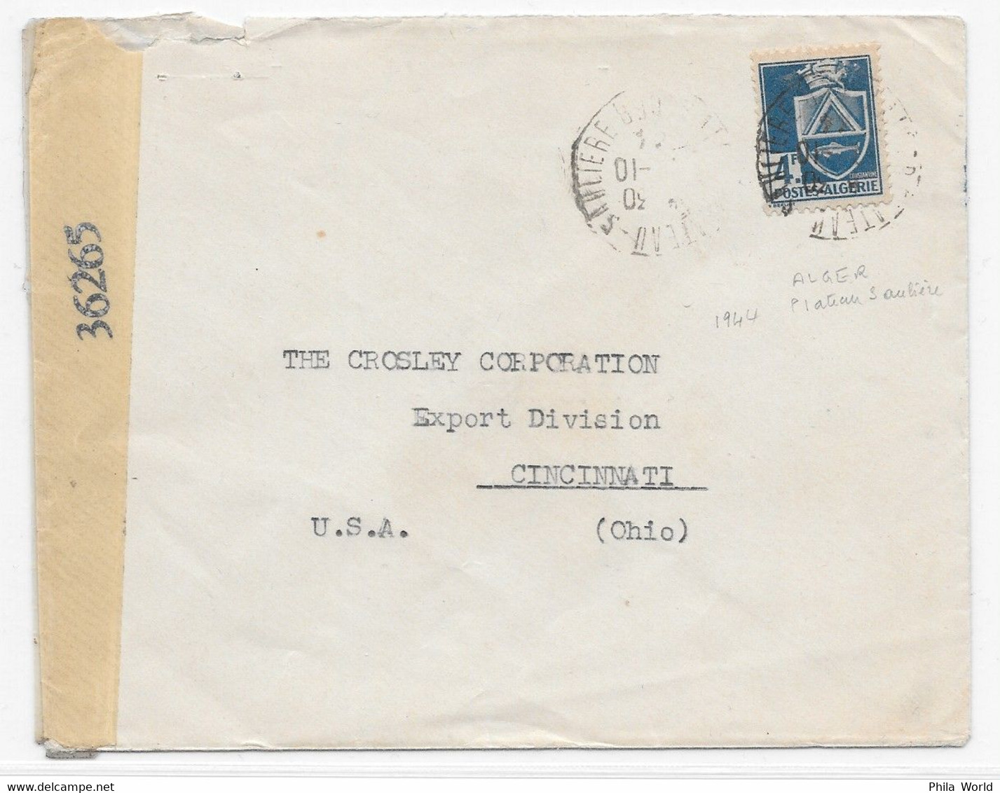 ALGERIE WW2 1944 US Examiner 36265 Censored Cover Plateau Saulière Algiers > USA Cincinnati Ohio PAR AVION Censure - Briefe U. Dokumente