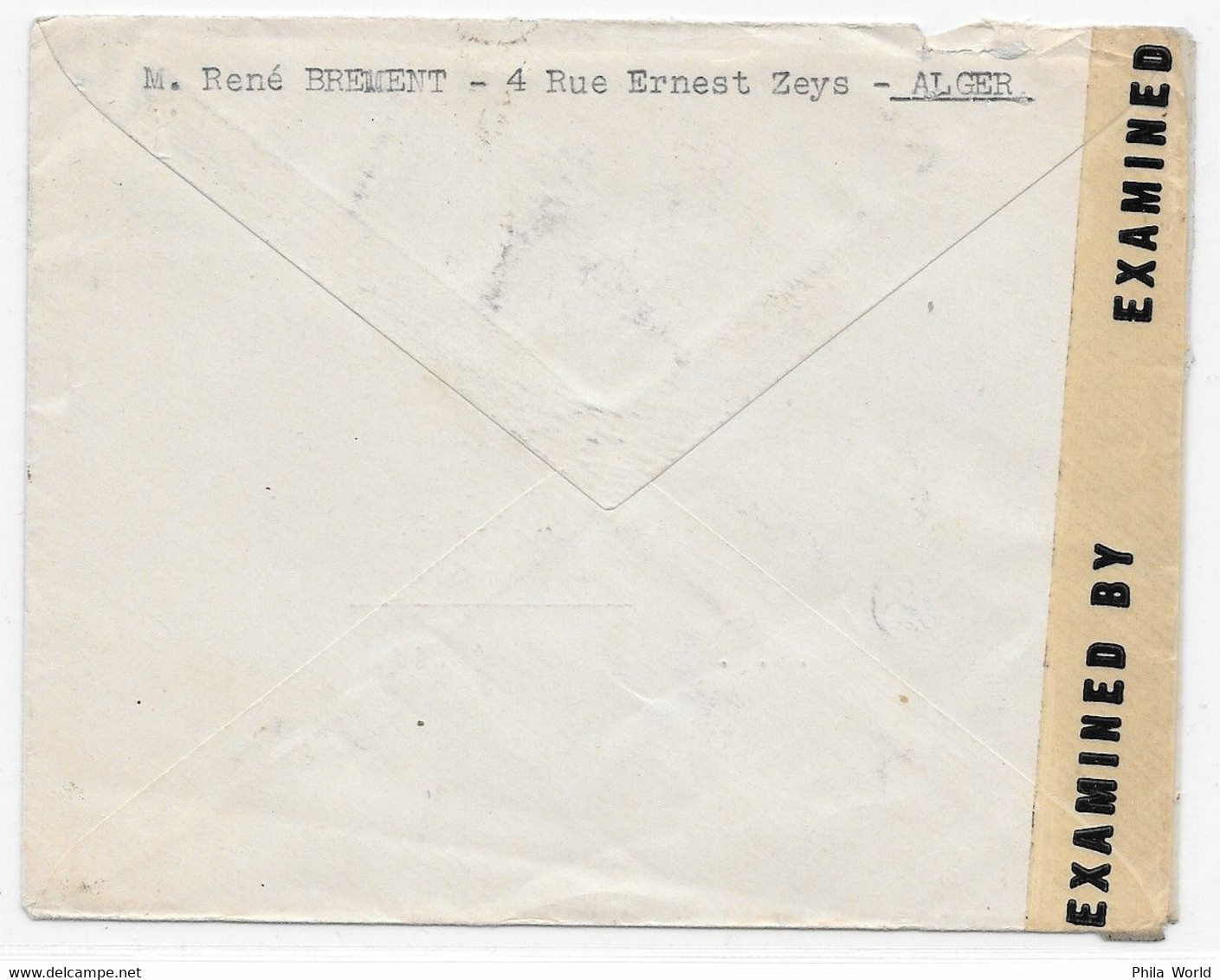 ALGERIE WW2 1944 US Examiner 36265 Censored Cover Plateau Saulière Algiers > USA Cincinnati Ohio PAR AVION Censure - Covers & Documents