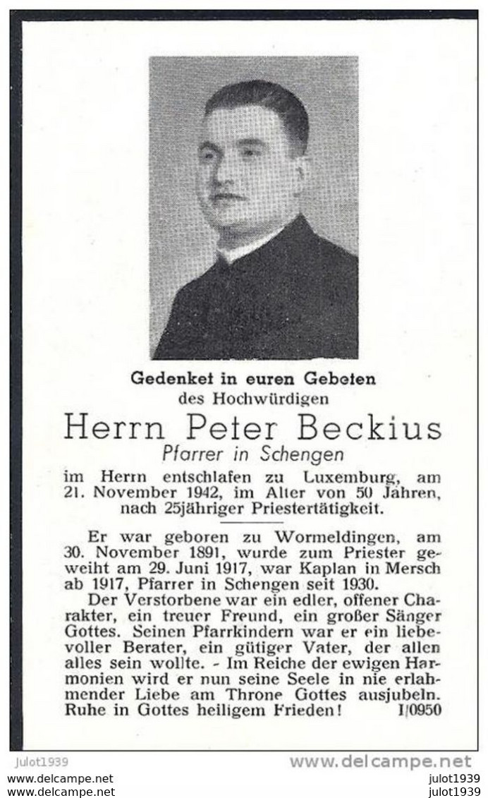 SCHENGEN ..-- Herrn Peter BECKIUS , Pfarrer In SCHENGEN . Né En 1891 , Décédé à LUXEMBOURG En 1942 . - Remich