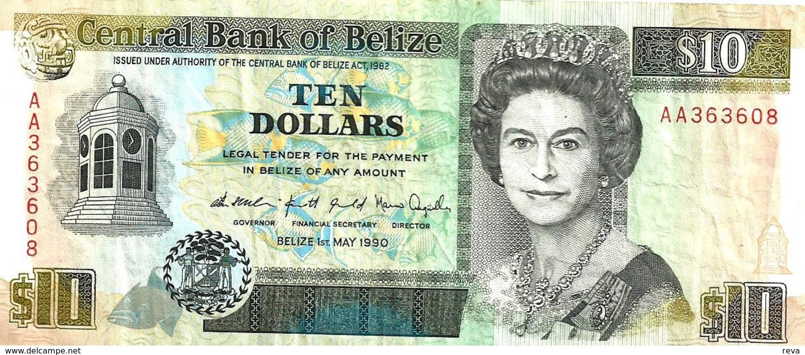 BELIZE $10 GREEN WOMAN QEII FRONT & BUILDING BACK DATED 01-05-1990 VF P54 READ DESCRIPTION!! - Belize