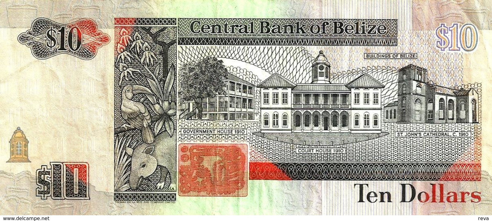 BELIZE $10 GREEN WOMAN QEII FRONT & BUILDING BACK DATED 01-05-1990 VF P54 READ DESCRIPTION!! - Belice