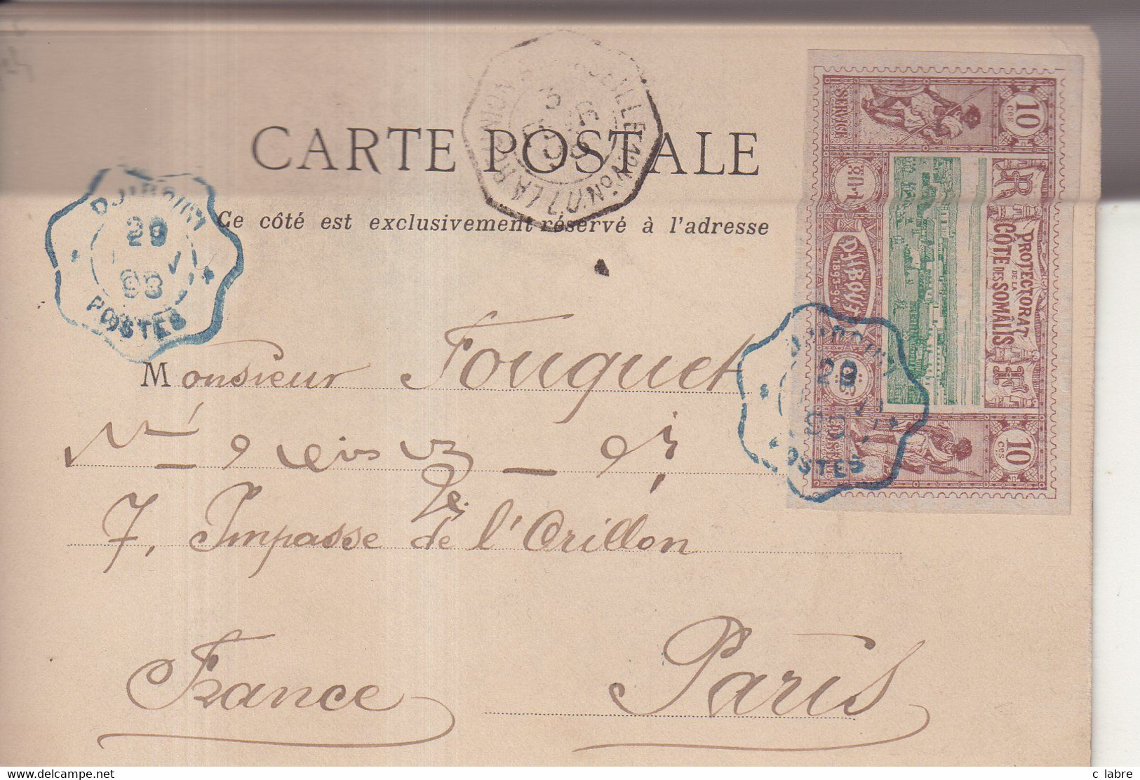 COTE DES SOMALIS : CP . " DJIBOUTI " . POUR PARIS . 1898 . - Lettres & Documents