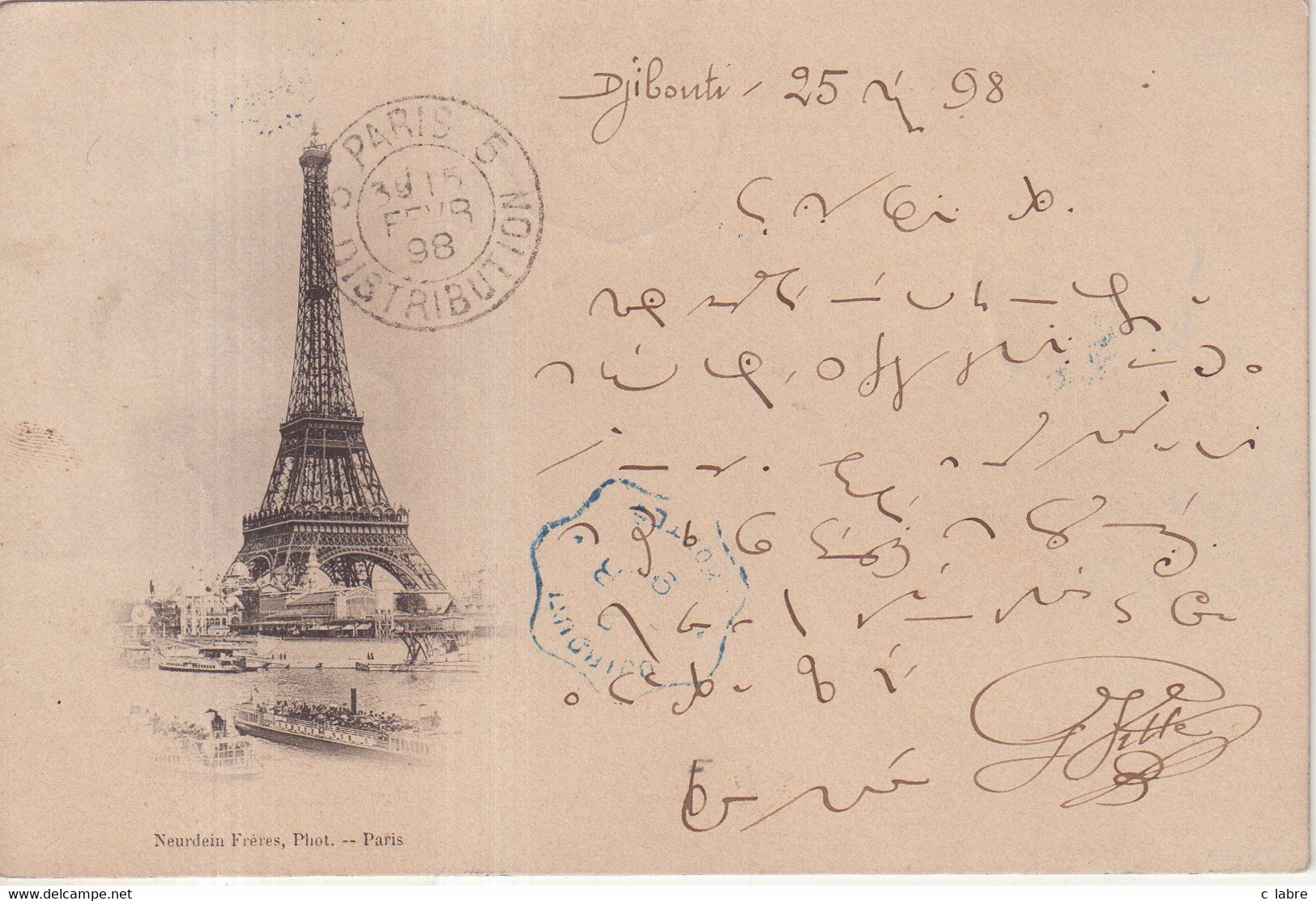 COTE DES SOMALIS : CP . " DJIBOUTI " . POUR PARIS . 1898 . - Lettres & Documents