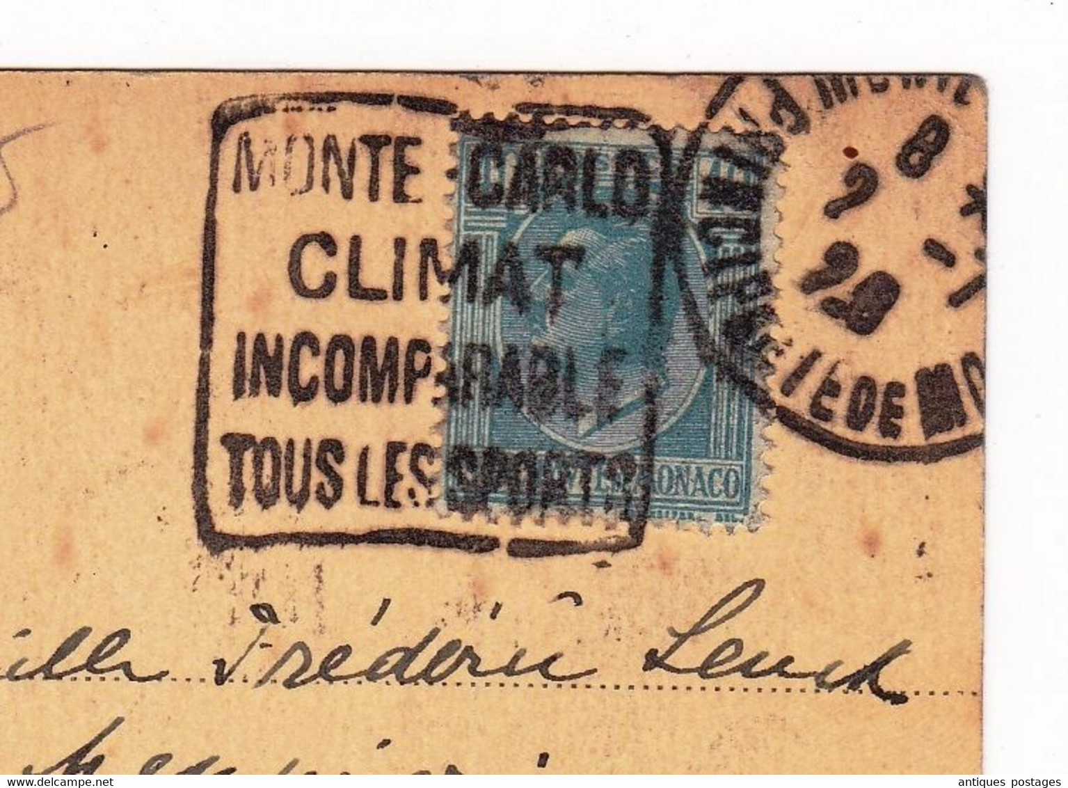 Carte Postale 1929 Monaco  Édition Madame Gonod Flamme Monte Carlo Climat Incomparable Tous Les Sports - Storia Postale