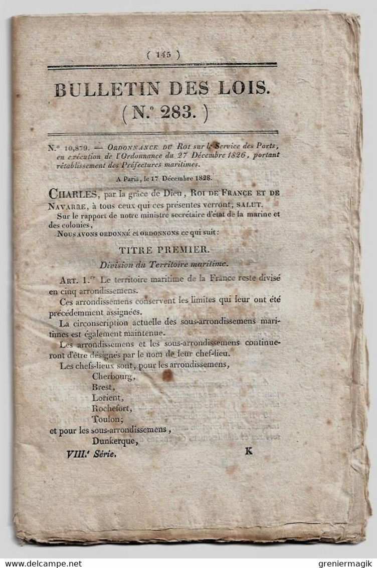 Bulletin Des Lois 283 1829 Rétablissement Des Préfectures Maritimes/Administration De La Marine/Legs Talleyrand-Périgord - Decreti & Leggi