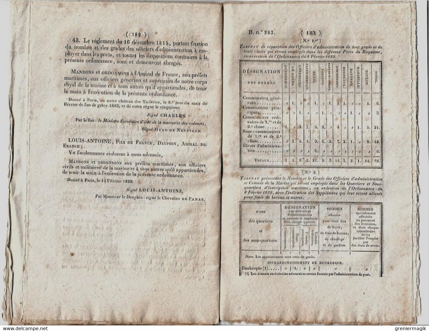 Bulletin des Lois 283 1829 Rétablissement des Préfectures maritimes/Administration de la Marine/Legs Talleyrand-Périgord