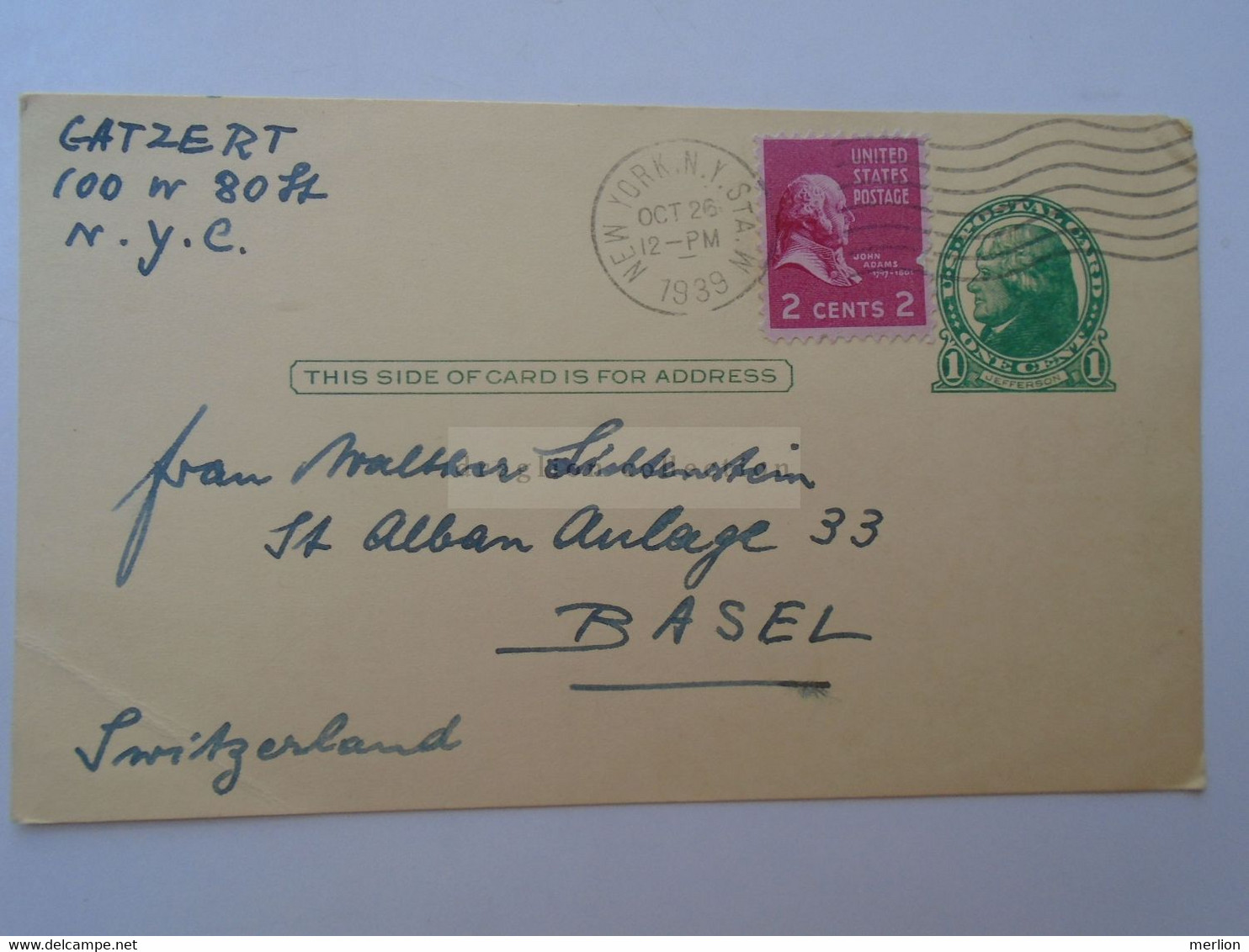 D181523  USA  Uprated Postcard Stationery  1939 New York  Sent To Basel - 1921-40