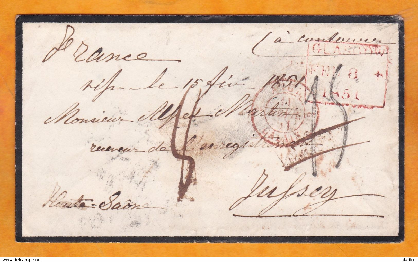 1851 - Enveloppe Faire-part De Décès De Glasgow, Ecosse Vers Jussey, Haute Saône, France - Entrée Calais - Cad Arrivée - Postmark Collection