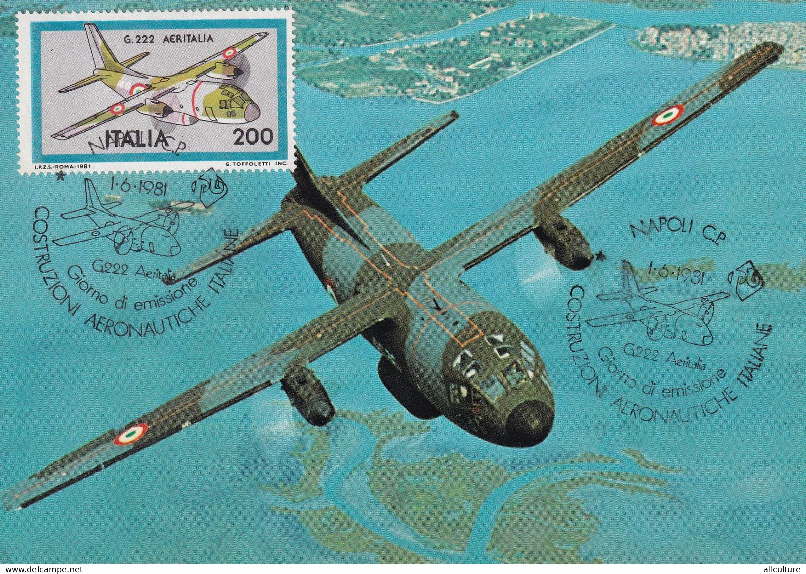 A10838- AERITALIA, WAR AIRPLANE G222, AERONAUTIC CONSTRUCTION, 1981 NAPOLI ITALIA USED STAMP POSTCARD - Montgolfier