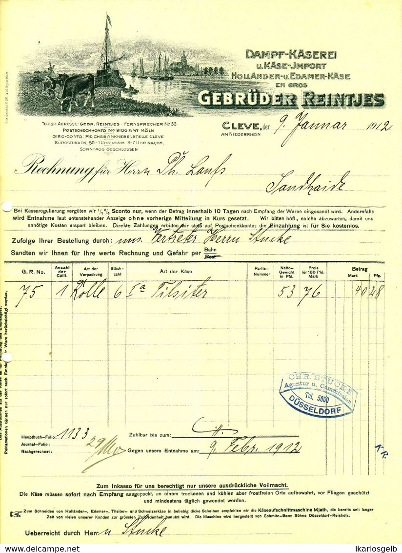 CLEVE Kleve 1912 Rechnung Besonders Deko " Gebr.Reintjes Dampfkäserei Edamer Holländer " - Lebensmittel