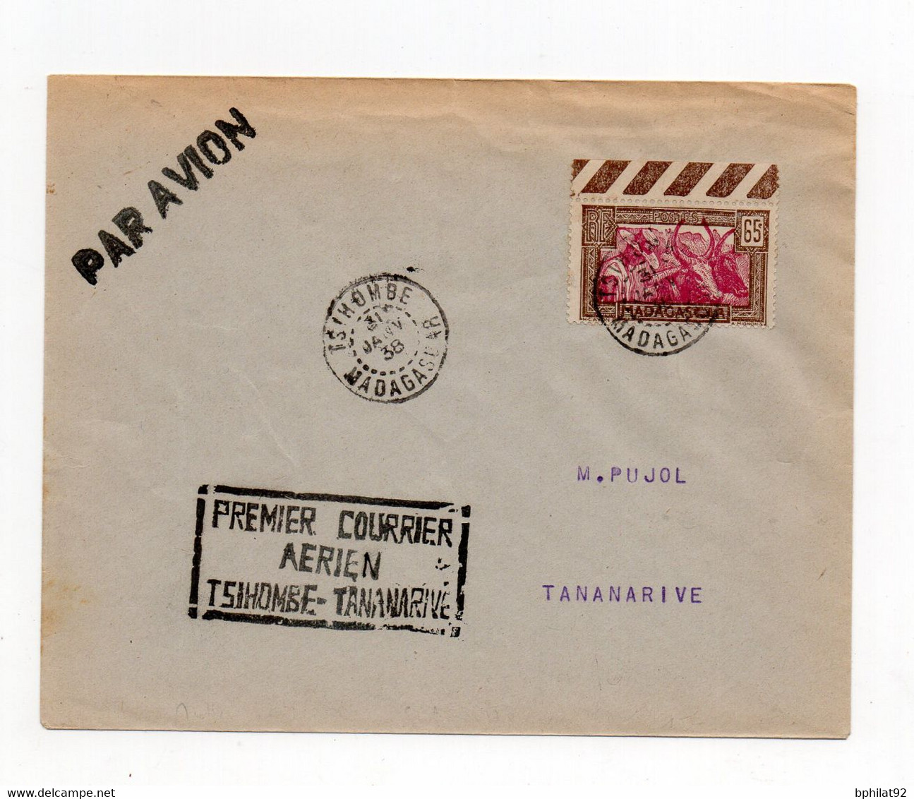 !!! MADAGASCAR, 1ER COURRIER AERIEN TSIHOMBE - TANANARIVE. LETTRE PAR AVION DU 31/1/1938 - Covers & Documents