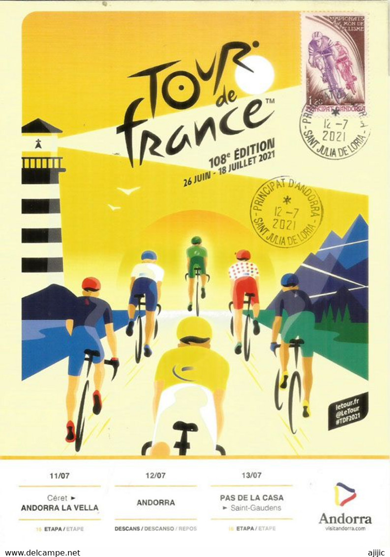 ANDORRA.Tour De France En Andorre 11 - 12 13 Juillet 2021.Official Leaflet With Andorra Cyclism Stamp Postmarked Andorra - Storia Postale