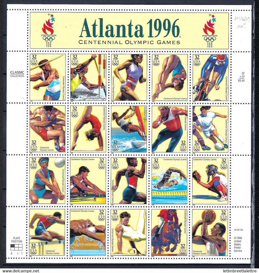 ⭐ USA - YT N° 2490 à 2509 ** - Neuf Sans Charnière - Atlanta 1996 Centennial Olympic Games - 1996 ⭐ - Hojas Bloque