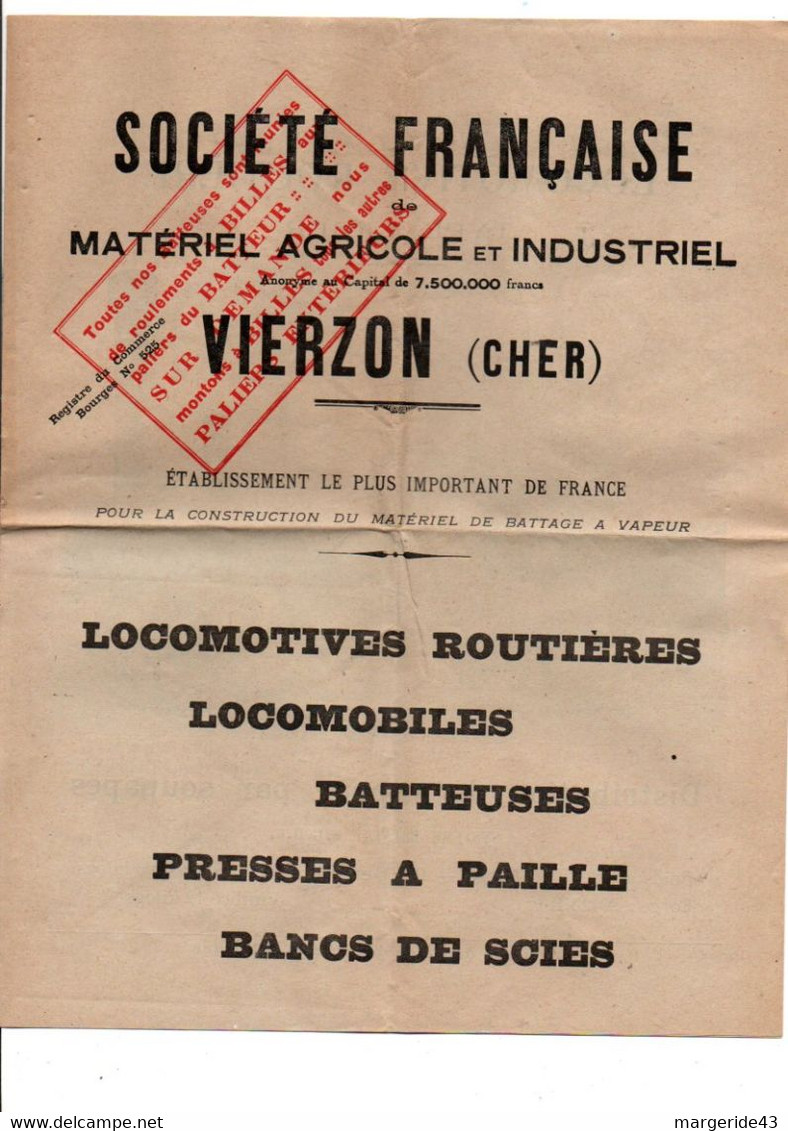 DOSSIER PUB SOCIETE FRANCAISE DE MATERIEL AGRICOLE ET INDUSTRIEL DE VIERZON CHER 1924 - 1900 – 1949
