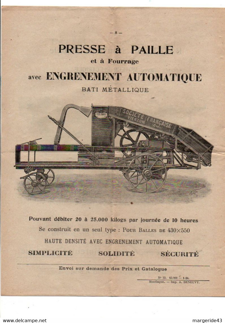 DOSSIER PUB SOCIETE FRANCAISE DE MATERIEL AGRICOLE ET INDUSTRIEL DE VIERZON CHER 1924