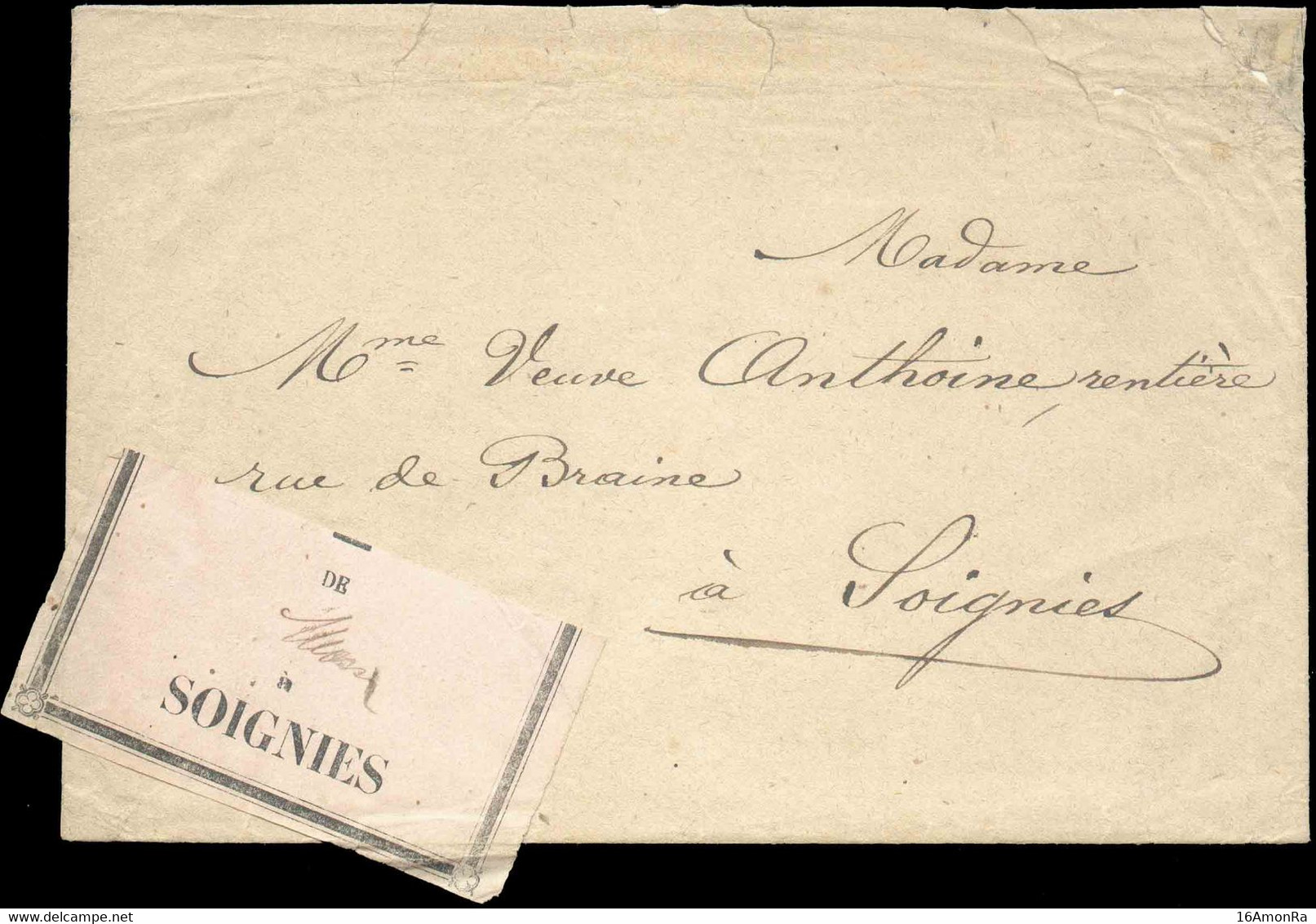 Enveloppe Expédiée Par Chemin De Fer Avec L'Etiquette Rose-chamois «DE MONS à SOIGNIES» à La Veuve Anthoine Rue De Brain - Documents & Fragments