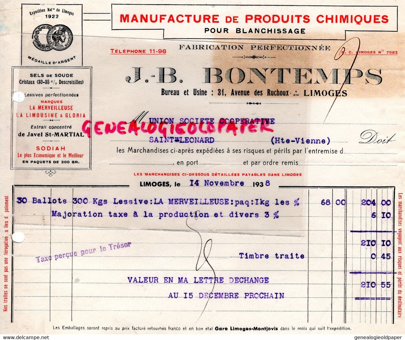 87 - LIMOGES - FACTURE J.B. BONTEMPS- 31 AV. DES RUCHOUX- MANUFACTURE PRODUITS CHIMIQUES- LA LIMOUSINE- GLORIA-1938 - 1900 – 1949