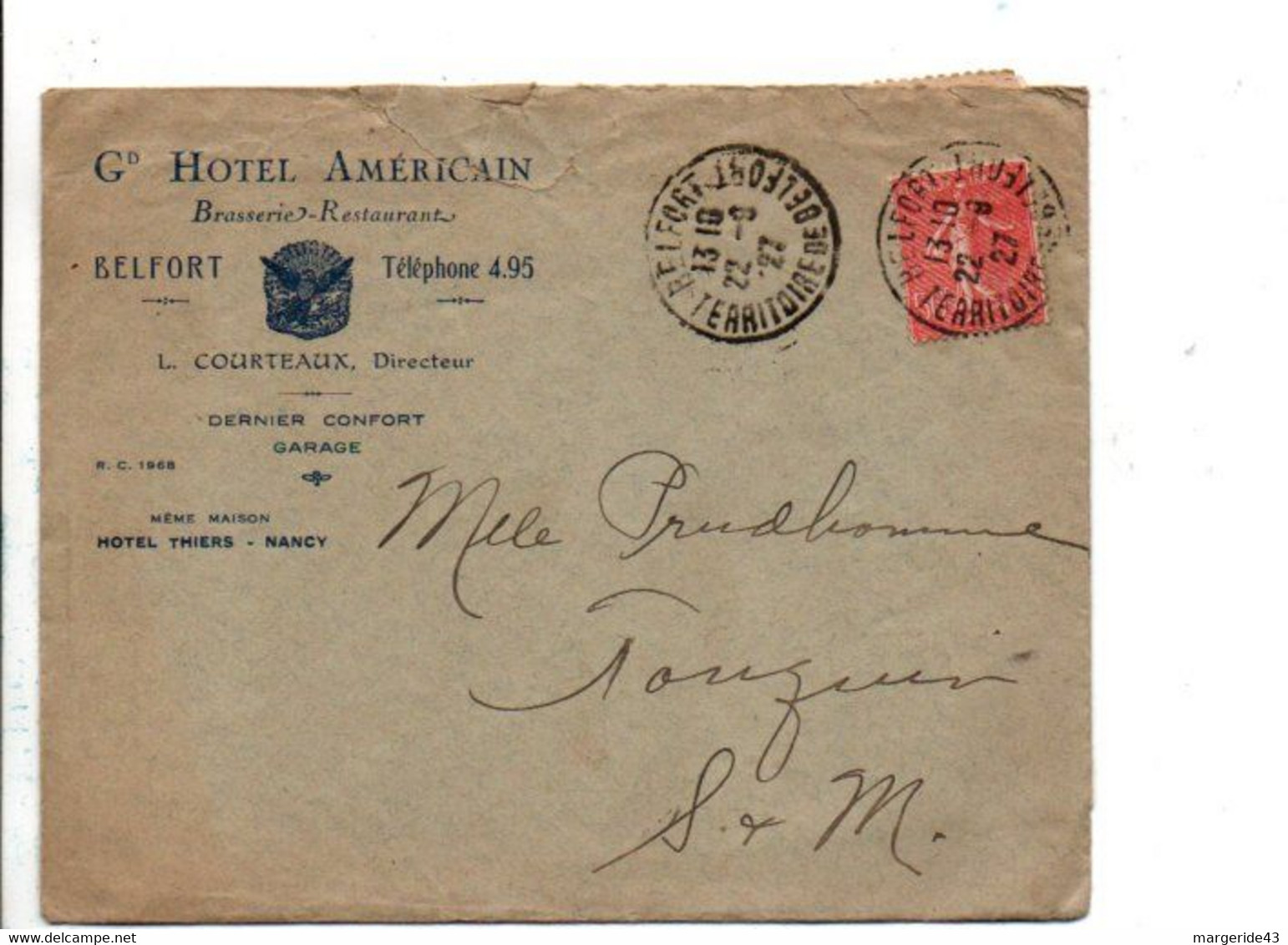 LETTRE A EN TETE GRAND HOTEL AMERICAIN à BELFORT 1927 - 1921-1960: Période Moderne