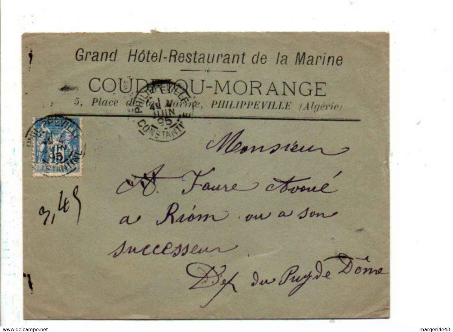 ALGERIE SAGE SUR LETTRE A EN TETE GRAND HOTEL DE LA MARINE COUDRIOU-MORANGE à PHILIPPEVILLE 1895 - Brieven En Documenten