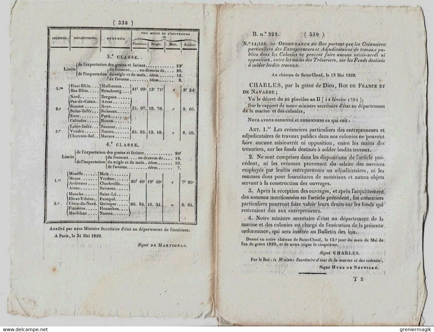 Bulletin Des Lois 292 1829 Colonies/Prix Des Grains/De Vaux D'Hugueville/Mines De Houille Des Barthes à Vergongheon - Decreti & Leggi