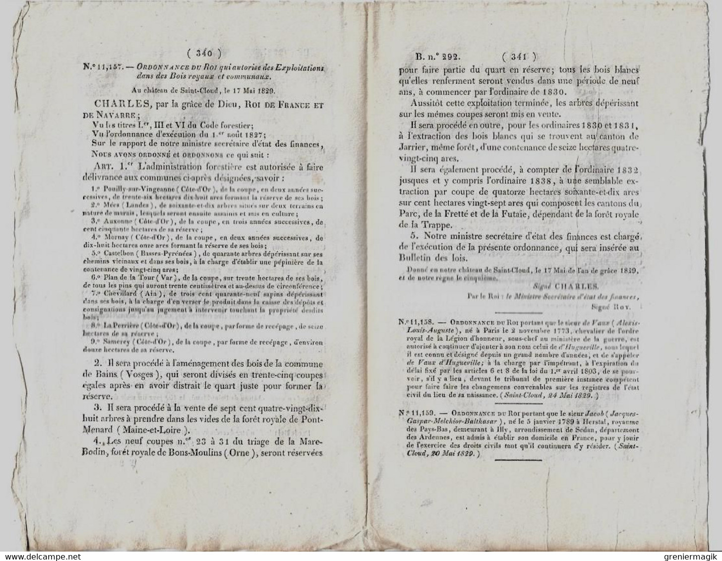 Bulletin Des Lois 292 1829 Colonies/Prix Des Grains/De Vaux D'Hugueville/Mines De Houille Des Barthes à Vergongheon - Decreti & Leggi