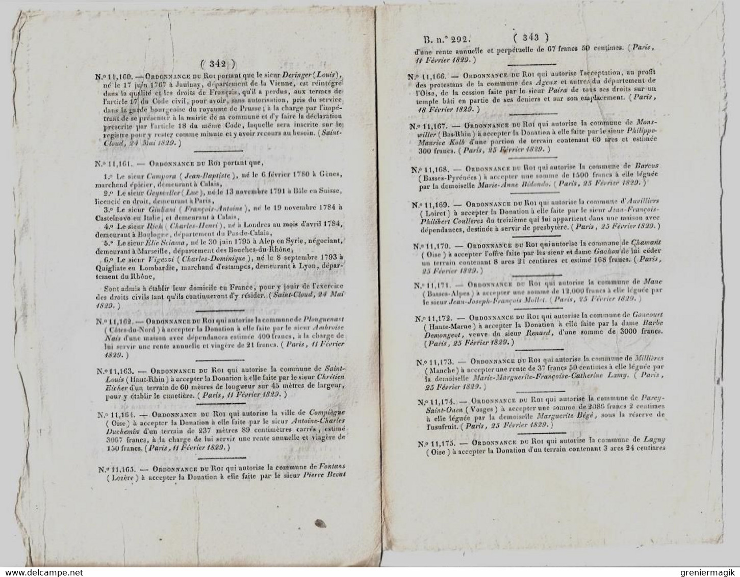 Bulletin Des Lois 292 1829 Colonies/Prix Des Grains/De Vaux D'Hugueville/Mines De Houille Des Barthes à Vergongheon - Decreti & Leggi