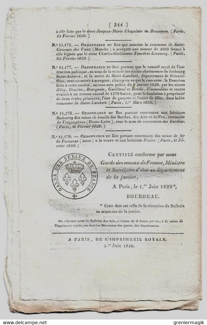 Bulletin Des Lois 292 1829 Colonies/Prix Des Grains/De Vaux D'Hugueville/Mines De Houille Des Barthes à Vergongheon - Decreti & Leggi