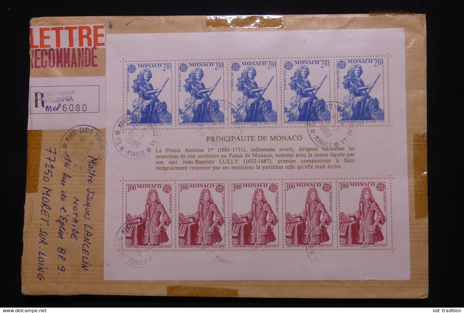 MONACO - Enveloppe En Recommandé Pour Moret / Loing En 1988, Affranchissement Bloc Europa  - L 101110 - Storia Postale