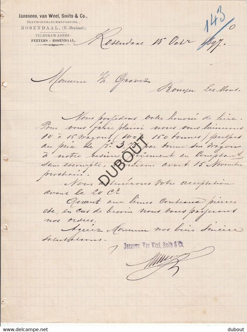 Factuur Rosendaal NL - Suikerfabriek Janssens, Van Weel, Smits & Co 1897 (U197) - 1800 – 1899