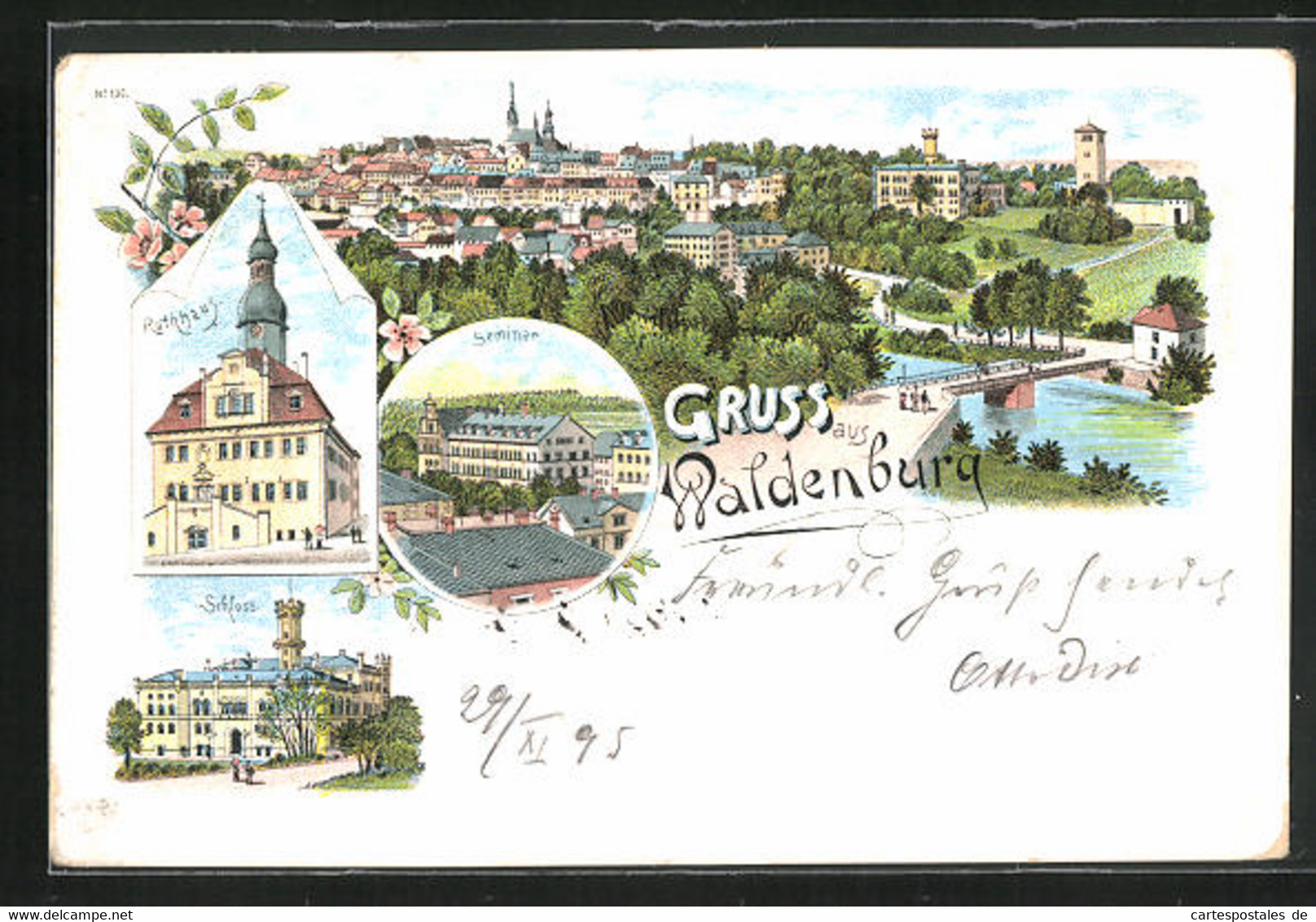 Vorläufer-Lithographie Waldenburg, 1895, Totalansicht Mit Rathaus, Seminar Und Schloss - Waldenburg (Sachsen)