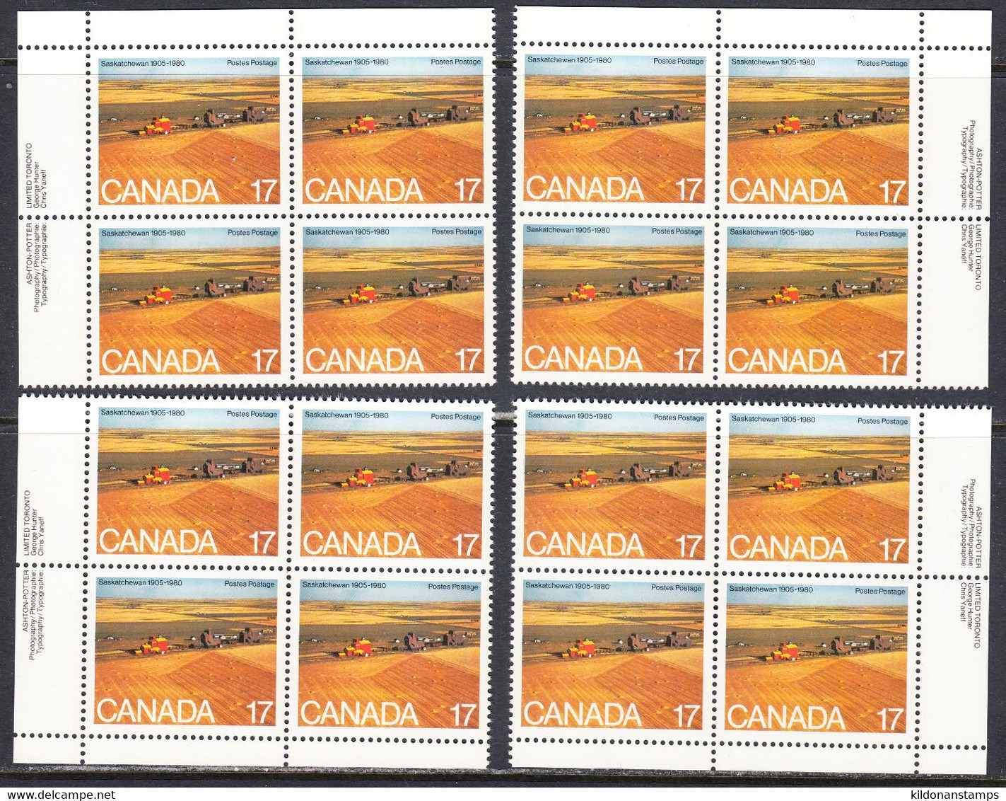 Canada 1980 Saskatchewan & Alberta, Mint No Hinge, Corner Blocks, Sc# 863, SG - Ongebruikt