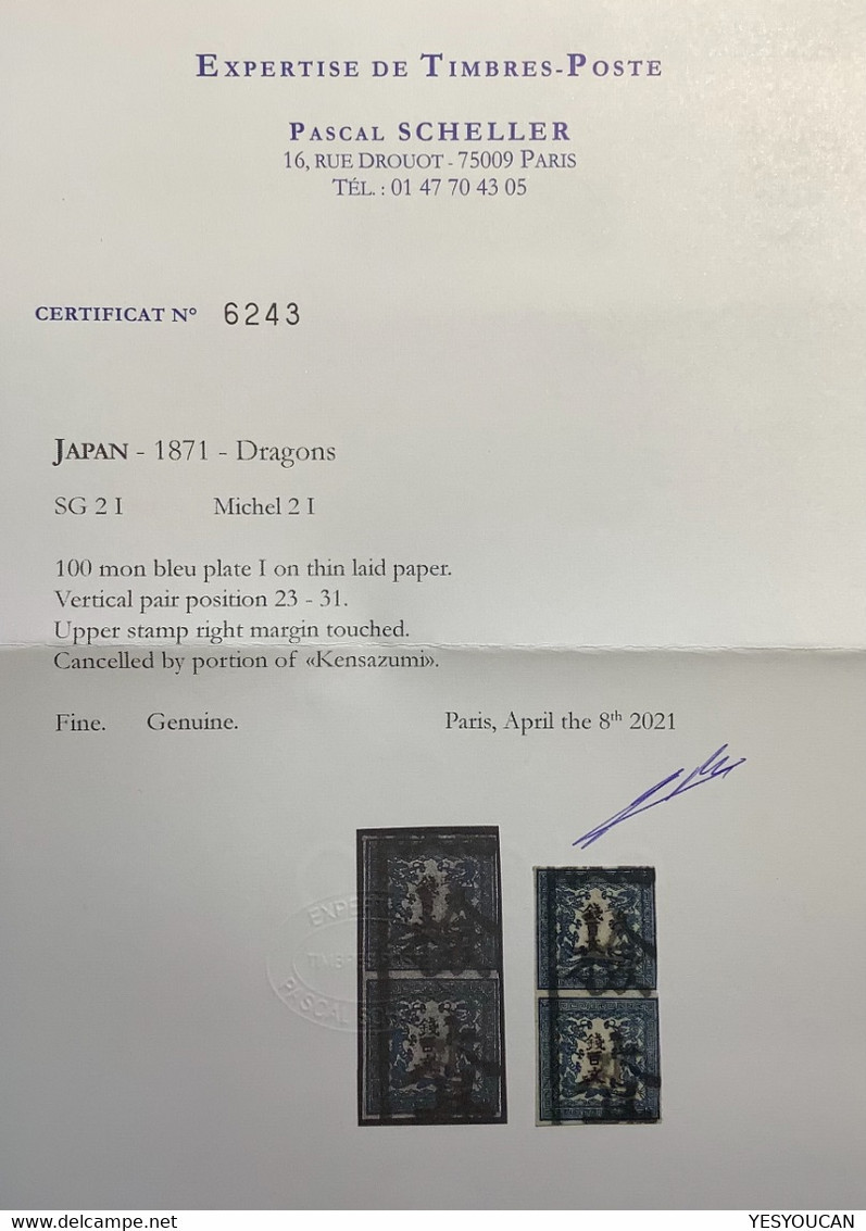 CERT SCHELLER: Japan 1871 100 Mon Blue Plate I Position 23-31 RARE Used Pair With Kensazumi Cancel Mi 2 Iy(Japon Dragon - Usati