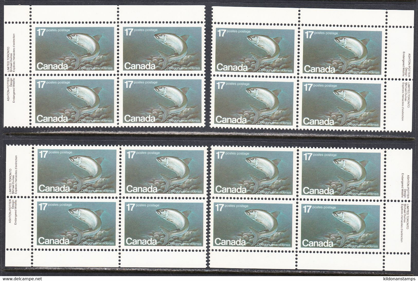Canada 1980 Atlantic Whitefish, Mint No Hinge, Corner Blocks, Sc# 853, SG - Neufs