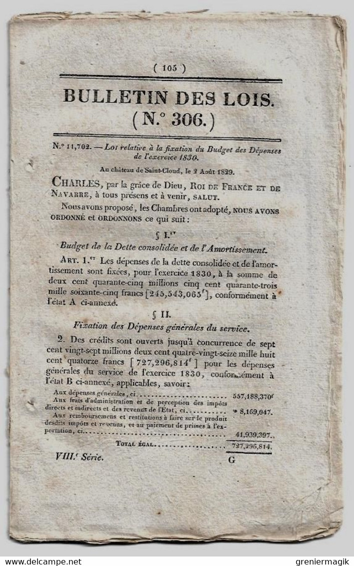 Bulletin Des Lois 306 1829 Fixation Du Budget Dépenses Et Recettes 1830 (Finances)/Baron Baudelet De Livois/Donations - Decreti & Leggi