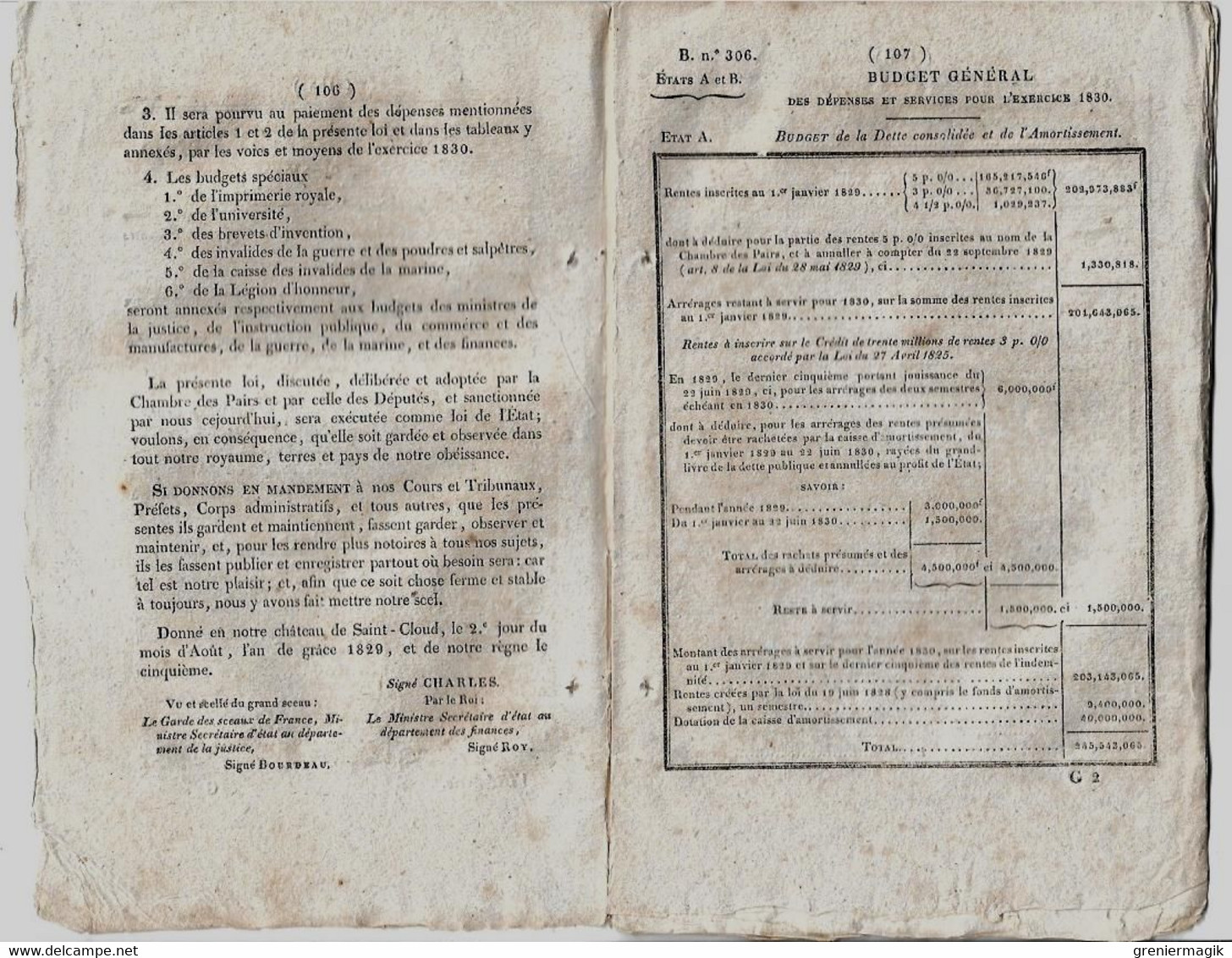 Bulletin Des Lois 306 1829 Fixation Du Budget Dépenses Et Recettes 1830 (Finances)/Baron Baudelet De Livois/Donations - Decreti & Leggi