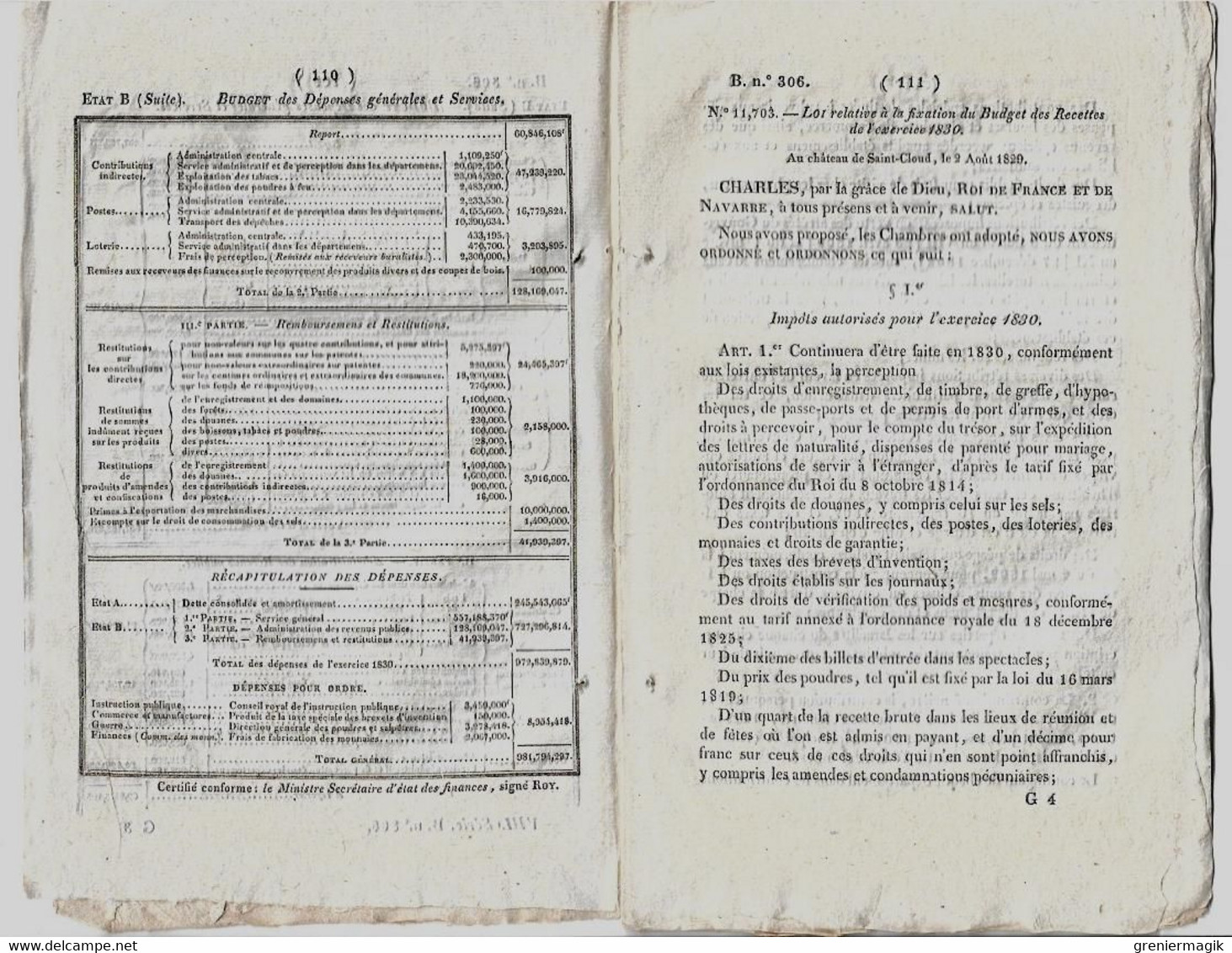 Bulletin Des Lois 306 1829 Fixation Du Budget Dépenses Et Recettes 1830 (Finances)/Baron Baudelet De Livois/Donations - Decreti & Leggi