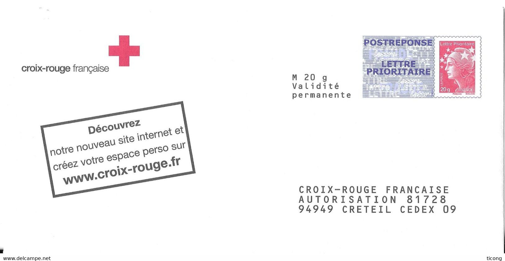 MARIANNE DE BEAUJARD  PRET A POSTER REPONSE,  CROIX ROUGE CRETEIL, MERCI POUR VOTRE AIDE,  NUMERO 11P572, VOIR SCANNERS - Prêts-à-poster:Answer/Beaujard