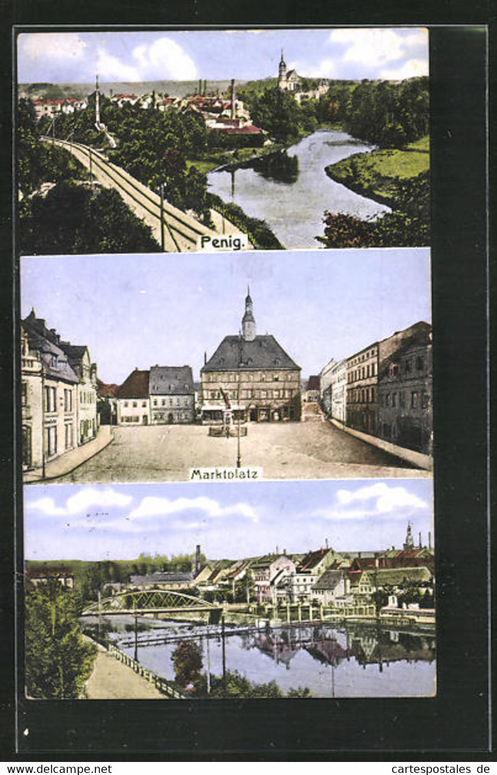 AK Penig, Teilansicht, Marktplatz Mit Denkmal, Ortsansicht Mit Brücke - Penig