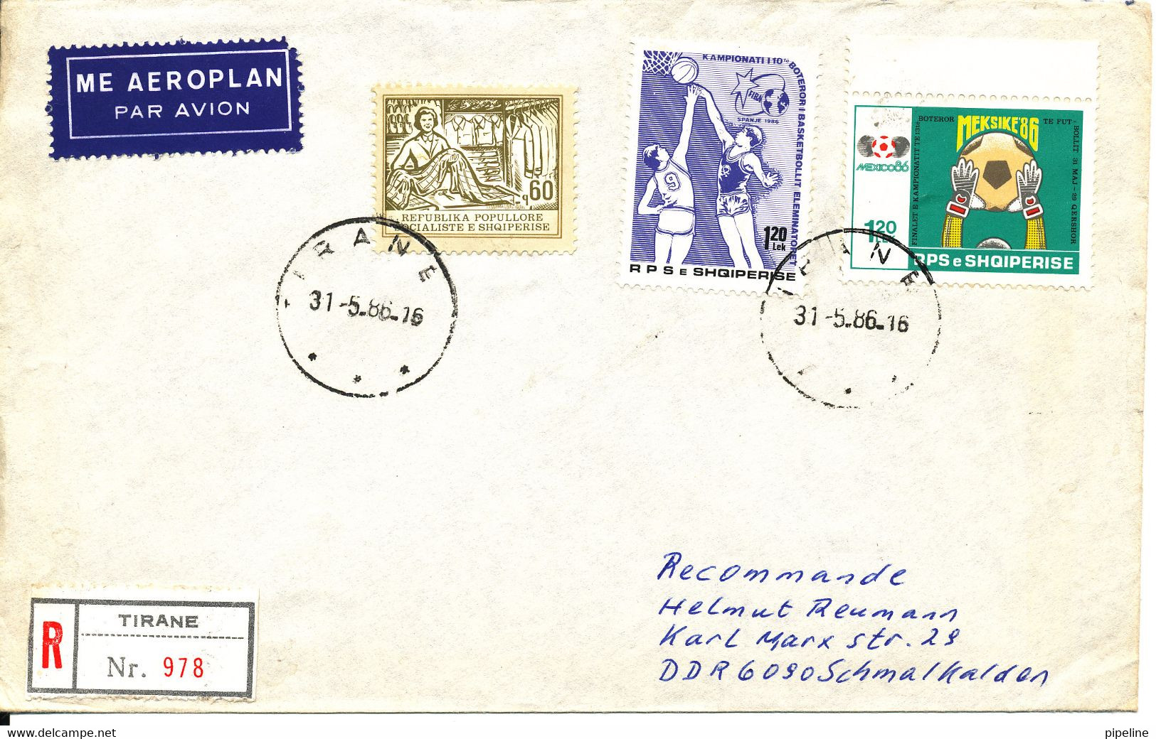 Albania Registered Cover Sent Air Mail To DDR Tirana 31-5-1986 Topic Stamps Basketball Soccer Football - Albania