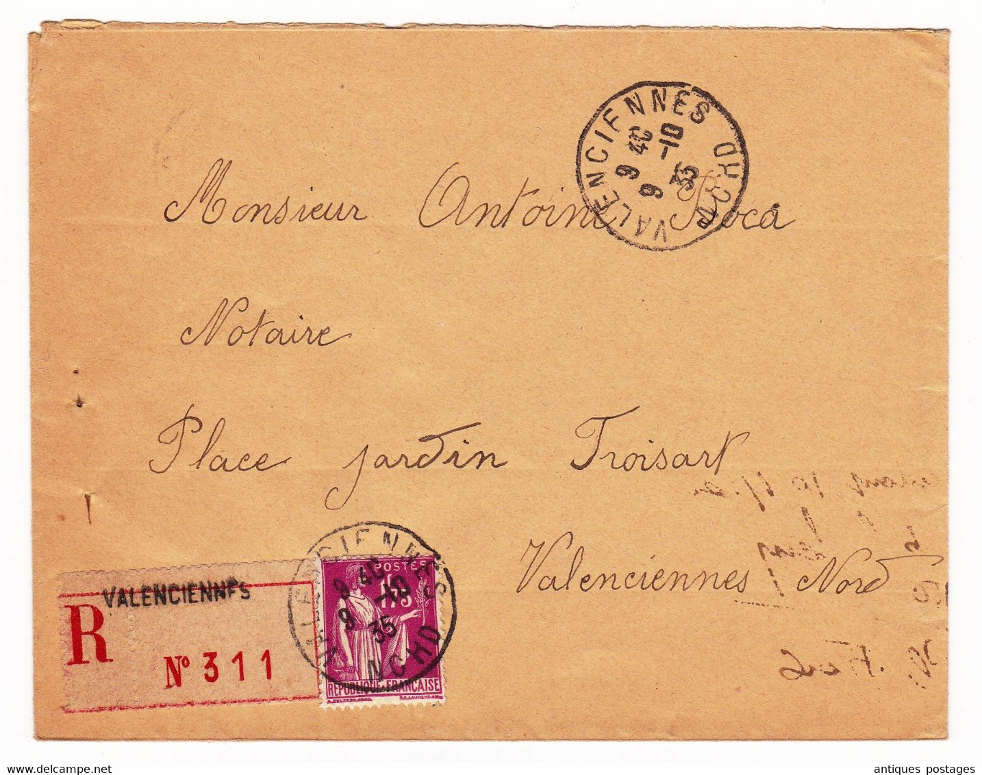 Lettre Recommandée 1935 Valenciennes Type Paix 1f75 - 1932-39 Peace