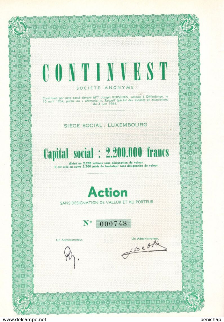 S.A. CONTINVEST - LUXEMBOURG - ACTION AU PORTEUR - JUIN 1964 - Electricidad & Gas