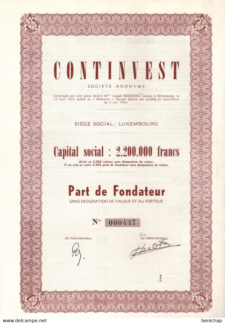 S.A. CONTINVEST - LUXEMBOURG - Part De Fondateur Sans Désignation De Valeur Et Au Porteur - JUIN 1964 - Electricité & Gaz