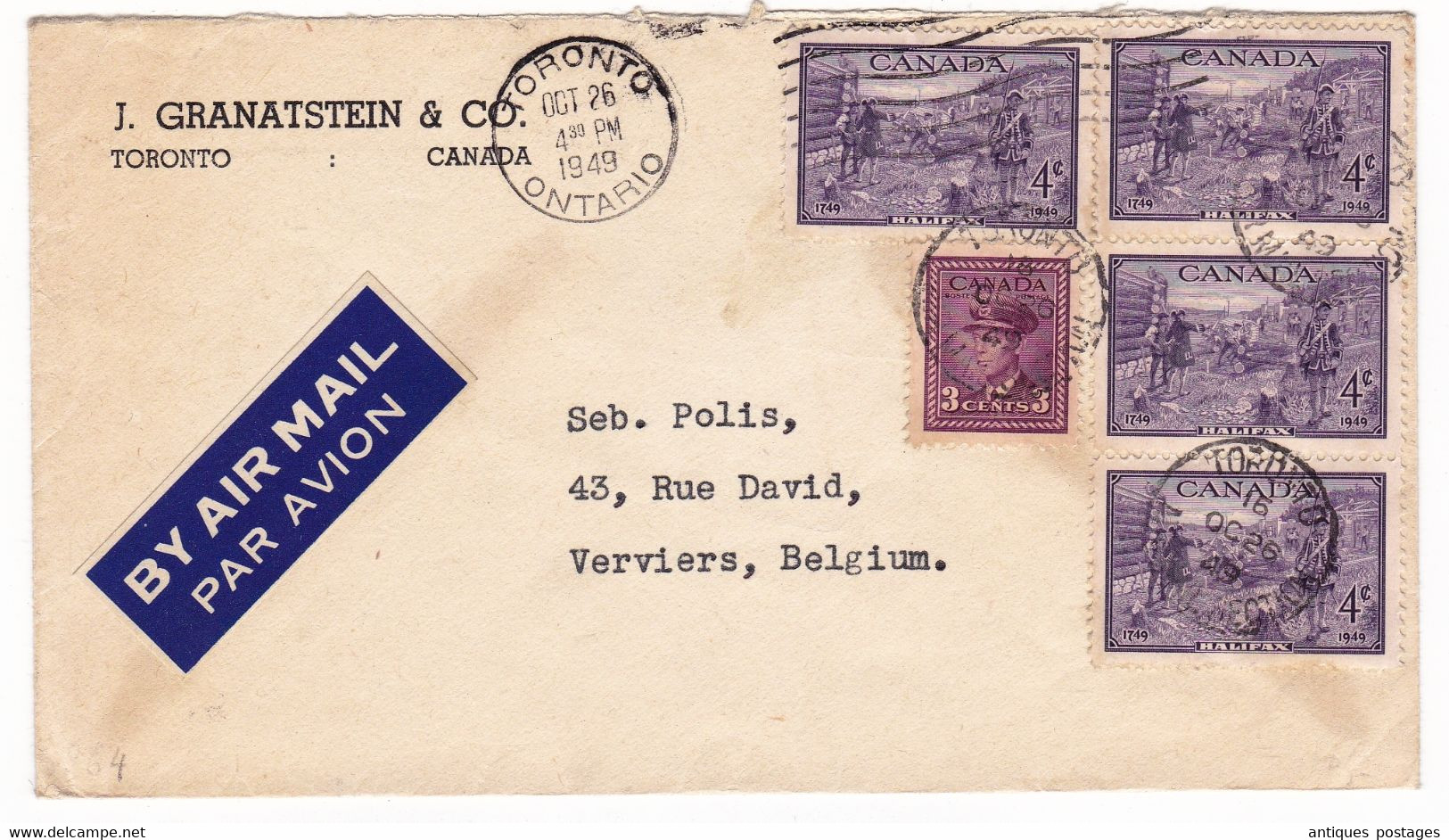 Lettre 1949 Toronto Canada J. Granatstein & Co Verviers Belgique - Cartas & Documentos