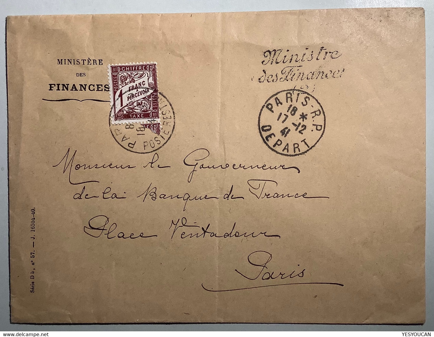"MINISTRE DES FINANÇES / 2" Franchise PARIS 1941 Lettre Taxé 1f Timbre Taxe> Le Gouverneur De La Banque De France. RARE! - 1859-1959 Cartas & Documentos