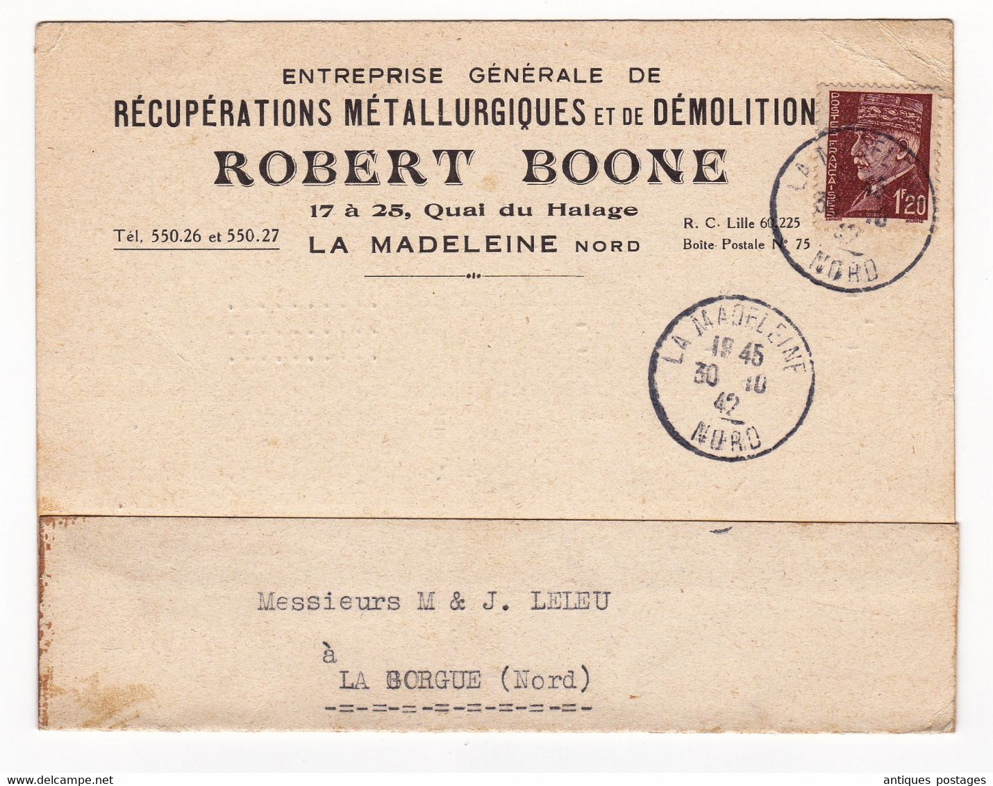 Carte Postale 1942 Récupération Métallurgique Métaux Démolition Robert Boone La Madeleine Nord Pétain 1F20 - 1941-42 Pétain