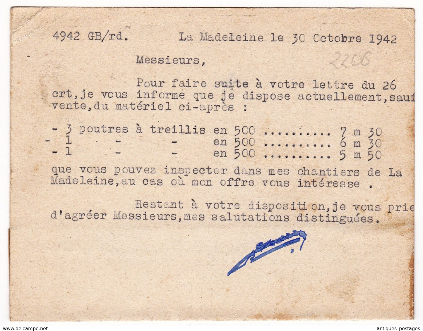 Carte Postale 1942 Récupération Métallurgique Métaux Démolition Robert Boone La Madeleine Nord Pétain 1F20 - 1941-42 Pétain