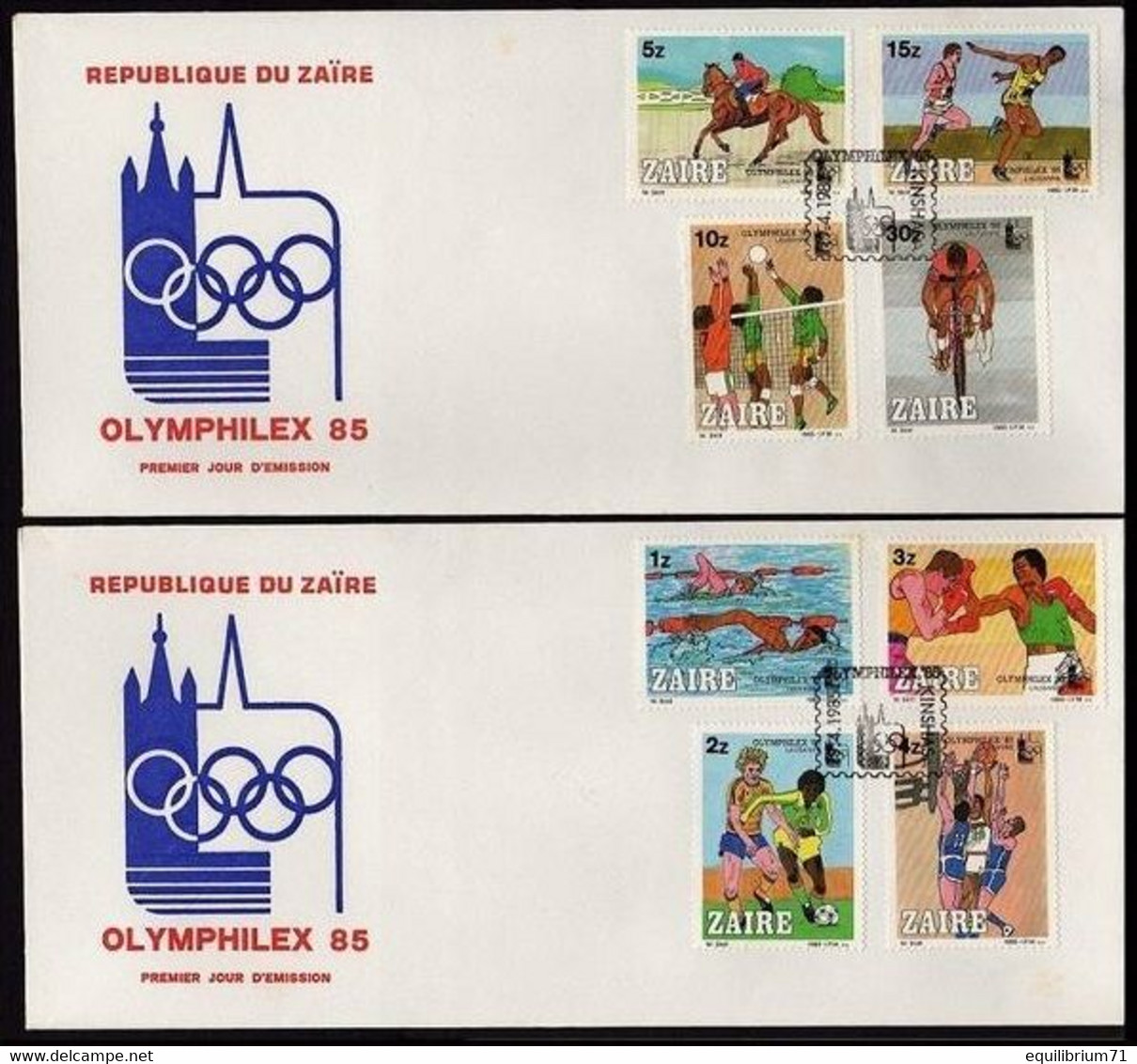 FDC (1267/1274) - Olymphilex '85-Expo Philatélique Internationale / Internationale Filatelistische Tentoonstelling ZAÏRE - 1980-1989