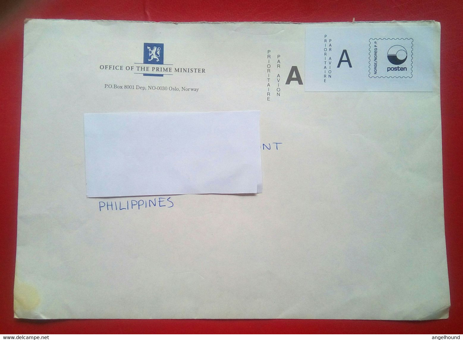 Cover From The Office Of The Prime Minister Of Norway To Philippines - Storia Postale