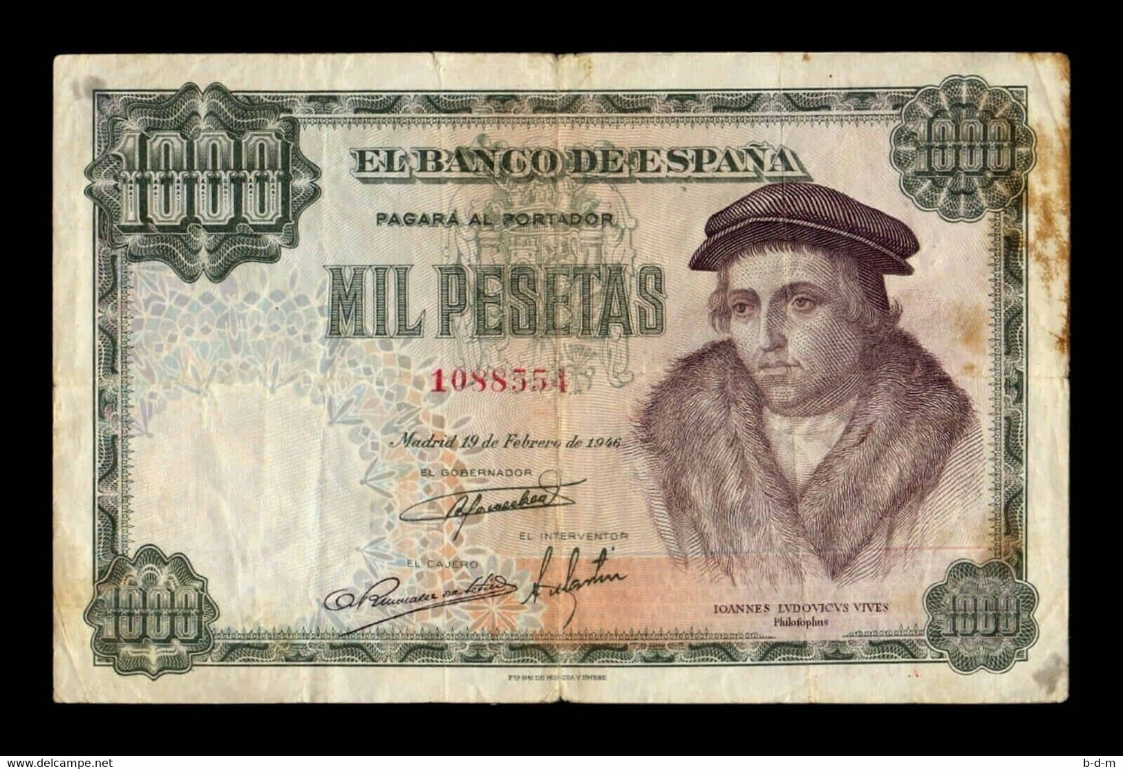 España Spain 1000 Pesetas Luis Vives 1946 Pick 133 BC F - 1000 Peseten